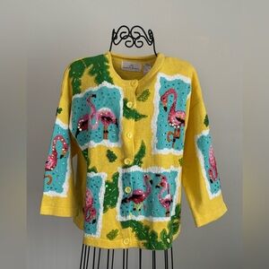Sequined Flamingo Fun!  Jane’s Closet Yellow, pink, blue and Green Knit Cardigan
